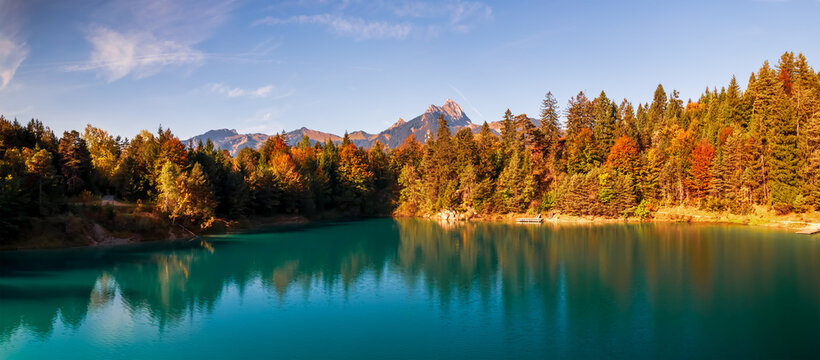 Panoramic view of autumn landscape at Urisee in Austria.