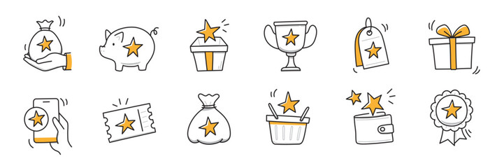 Reward bonus gift icon set. Benefit reward bonus loyalty prize hand drawn sketch line pen stroke style icon. Benefit gift coupon, loyalty card sketch doodle drawn collection. Vector illustration