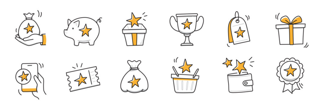 Reward bonus gift icon set. Benefit reward bonus loyalty prize hand drawn sketch line pen stroke style icon. Benefit gift coupon, loyalty card sketch doodle drawn collection. Vector illustration