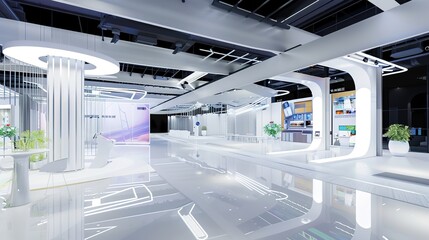 Fototapeta premium White Indoor Space Exhibition Hall Background - a spacious and elegant visual. The white indoor space of the exhibition hall creates a serene and stylish scene.