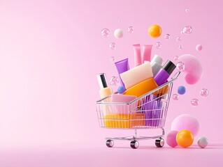 Shopping Cart Overflowing with Beauty Products