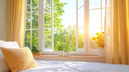 Fototapeta premium bright bedroom with large windows, yellow curtains, and plants, creating serene atmosphere