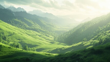 Obraz premium Sunlit green hills with soft shadows, creating depth and a sense of calm in the landscape