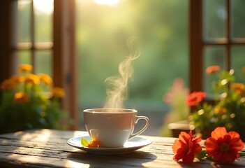Fototapeta premium Pictures of Good Morning Bliss: A Fresh Start Surrounded by Blooming Flowers