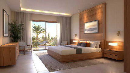 Modern bedroom with warm colors, promoting peaceful relaxation and comfort