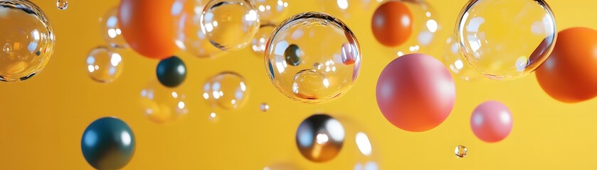 Abstract Composition of Spheres and Bubbles on a Yellow Background