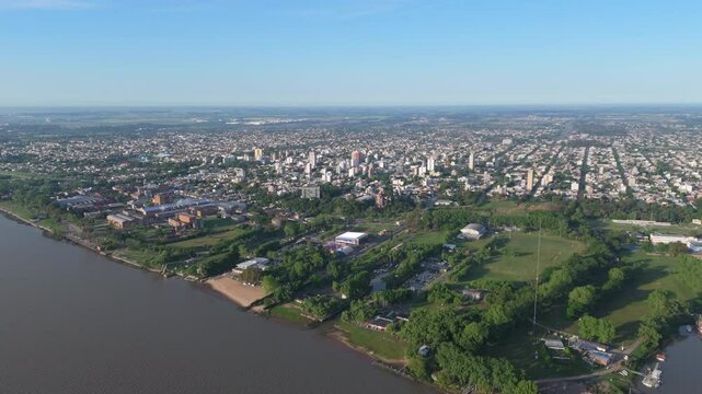 Wide aerial view of the town of Zarate on the banks of the Parana River. Buenos Aires, Argentina.