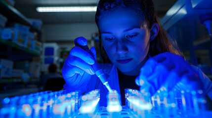 Fototapeta premium researcher uses a pipette over test tubes in a lab with a blue light