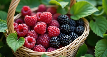 Fresh raspberries and blackberries in basket