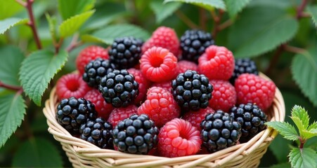Fresh raspberries and blackberries in a basket