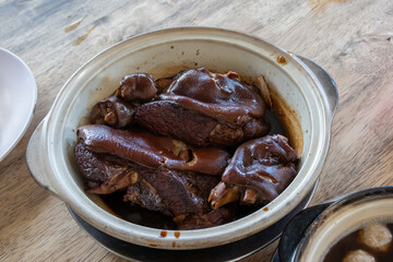 delicious braised pig's trotters with brown soya sauce, rice wine vinegar. chinese food