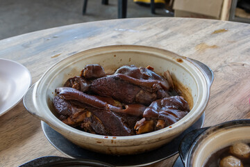 delicious braised pig's trotters with brown soya sauce, rice wine vinegar. chinese food