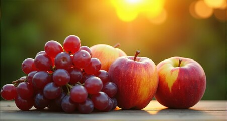 Fresh apples and grapes at sunset