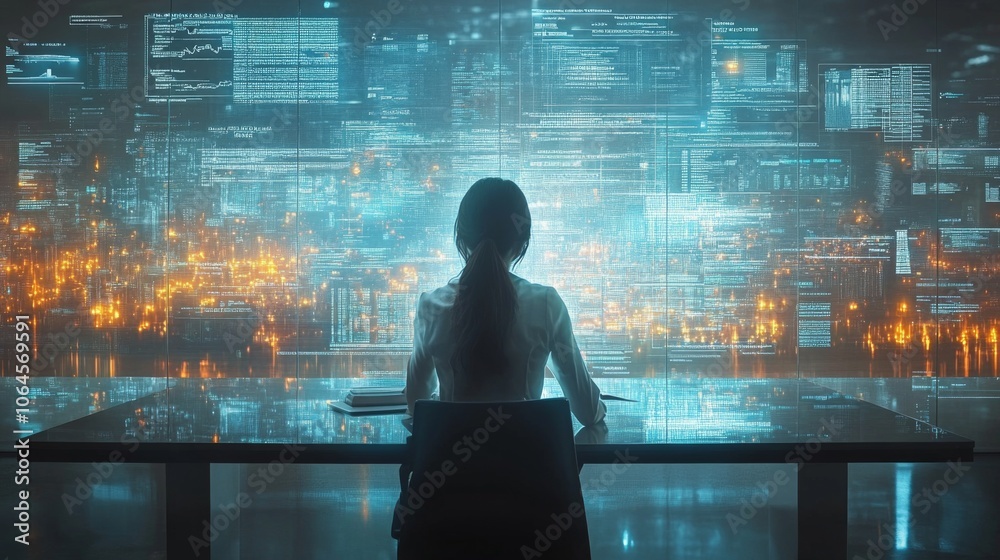 Aufkleber a woman is focused on analyzing complex data at a contemporary desk, illuminated by vibrant screens 