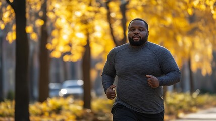 Obraz premium A fat black man working out, a fit jogger strolling through a metropolitan park.