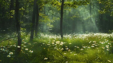 Fototapeta premium Falls influence on melancholic woodlands and seasonal wildflowers