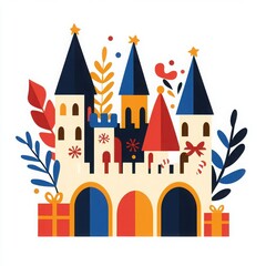 Obraz premium Colorful castle illustration with gifts and decorative foliage, white isolated background.