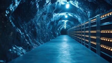 Enigmatic Underground Tunnel Illuminated by Soft Blue Lights