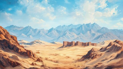 Naklejka premium Desert Landscape with Mountains and Ancient Ruins