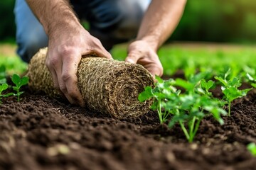 Farmer spreading natural mulch over crops to retain soil moisture and prevent weeds, showing practical crop protection techniques