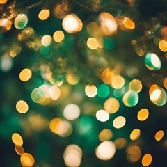 Fototapeta premium Abstract Blurred Tree with Hanging Ornaments in Light Emerald and Orange Tones with Soft Bokeh and Nostalgic Film Style