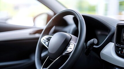 Modern Car Interior with Focus on Steering Wheel and Dashboard