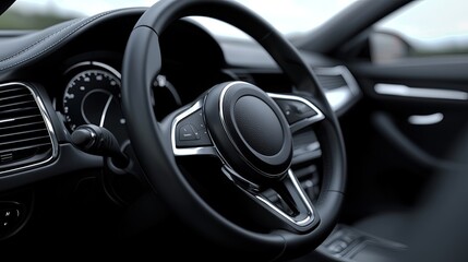 Modern Car Interior Featuring Sleek Steering Wheel and Dashboard Design