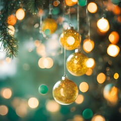 Abstract Blurred Tree with Hanging Ornaments in Light Emerald and Orange Tones with Soft Bokeh and Nostalgic Film Style


