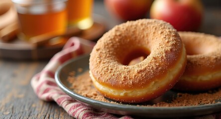 Delicious donuts with apple cider background