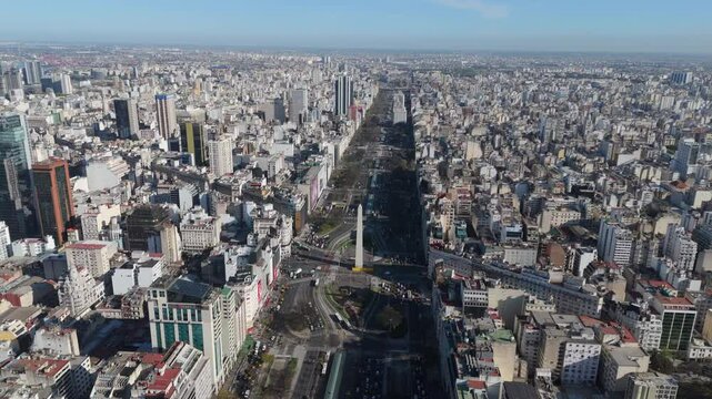 Aerial view of the Obelisk in Plaza de la Rep&uacute;blica on Avenida 9 de Junio. Buenos Aires, Argentina. 4k.