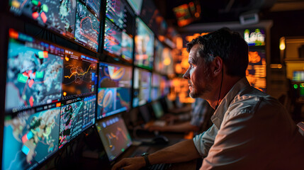Obraz premium tech professional meticulously analyzes a vast array of data across multiple screens, epitomizing expertise and sophisticated technology use