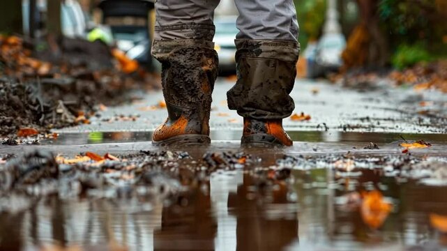 A worker trudging through a puddle their bright orange vest now covered in brown splotches.