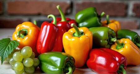 Colorful assortment of fresh peppers and grapes