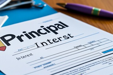 Loan document with key terms highlighted, showing â€œPrincipalâ€ and â€œInterestâ€ columns clearly labeled, capturing the essence of amortization