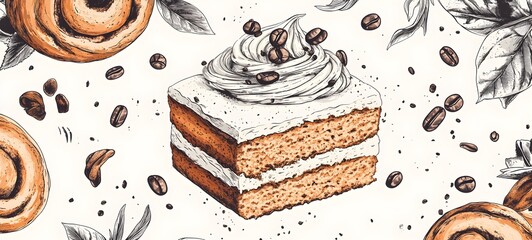 Coffee Cake with Whipped Cream and Coffee Beans