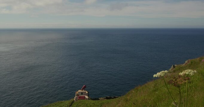 Wide shot of the Irish Sea with foghorn in foreground at the Mull of Galloway