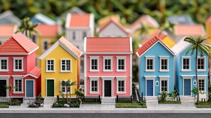 Obraz premium A vibrant row of colorful miniature houses with distinct styles, set against a lush green background, showcasing charming architectural details.