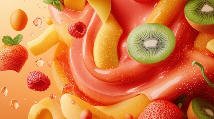 A vibrant display of fresh fruits including strawberries, kiwi, and mango, with a splash effect creating a refreshing and juicy ambiance.