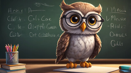 Obraz premium A wise, cute cartoon style owl wearing glasses and holding a chalk, standing in front of a blackboard in a classroom.