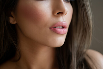 Obraz premium Side profile of a woman with Botox-enhanced lips in soft lighting