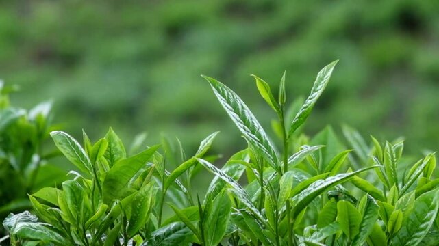 Close-up green tea shoots swaying in gentle wind. Tea plantation with soft bokeh background. Concept of agriculture, fresh growth, and natural farming