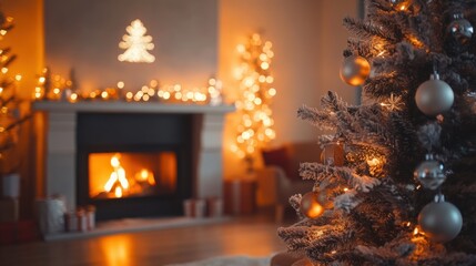 Bright living room with a glowing silver Christmas tree and a contemporary fireplace.