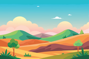 Fototapeta premium Vector illustration in flat simple style with copy space for text, summer landscape with natural scene, gradient hills, abstract background or wallpaper for banner, greeting card, wallpaper 