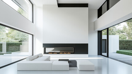 Modern minimalist living room design with large windows and a fireplace in daylight