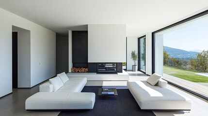 Fototapeta premium Modern minimalist living room design with large windows and scenic outdoor view