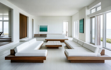 Fototapeta premium Modern minimalist living room design with expansive windows and ocean view