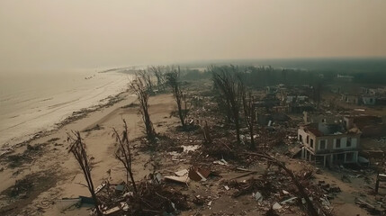 Aerial View of Coastal Town Devastated by Hurricane, Uprooted Trees, Destroyed Homes, and Debris Scattered Across Beach, Overcast Sky Highlighting the Aftermath of the Storm