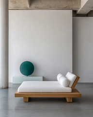 Modern minimalist interior featuring a wooden lounge bed and abstract decor in a spacious room