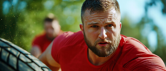 Crossfit athletes showcase strength and endurance by flipping tires in outdoor gym