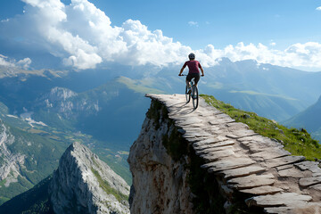 Fototapeta premium Cyclist perfectly balances on a narrow mountain path amidst stunning landscape